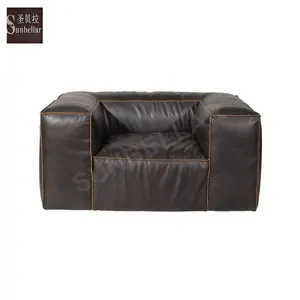 Sunbellar Set Sofa Vintage kulit asli, Set Furniture ruang tamu Tan Retro Tog Grain kulit asli untuk di rumah