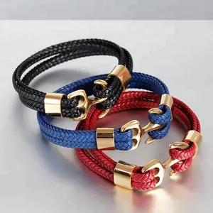 factory Custom Stainless Steel Anchor Hook Men's Braided Wrap Leather Bracelet