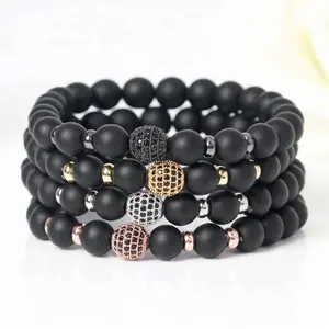 Nouveau Design Offre Spéciale femmes hommes 8 MM naturel noir mat Agate pierre DIY perles Pave CZ Micro Lucky Charm Yoga Bracelet bijoux