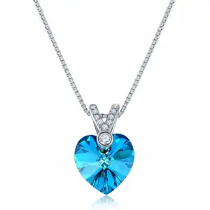 Women 925 Sterling Silver Chain the Heart of Ocean Blue Crystal Sapphire Cubic Zirconia Heart Shaped Pendant Necklaces