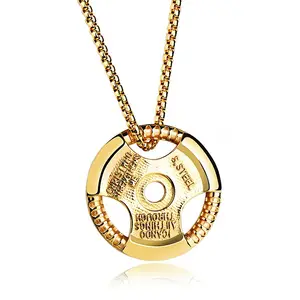 Custom Wholesale Mens Dumbbell Jewelry Stainless Steel Gold Plated Barbell Engraved Disc Weight Gym Necklace Sport Pendant