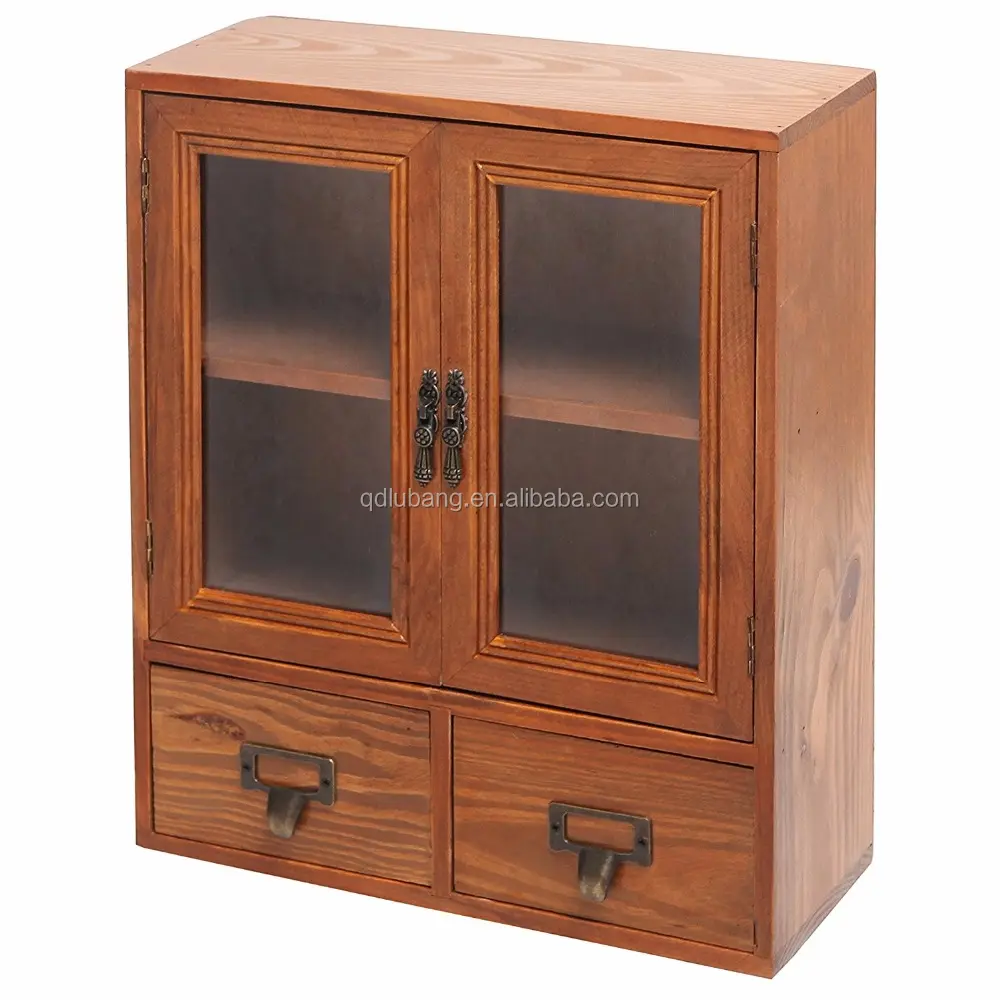 Коричневый настольный деревянный мини-шкаф с стеклянными дверями