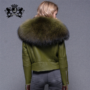 Super Large Raccoon <strong>Fur</strong> Collar <strong>Jacket</strong> Real Lamb <strong>Fur</strong> <strong>Lined</strong> Sheepskin Leather Coat for Women - Product Image 2