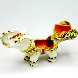 Trắng Men Pha Lê Kim Loại Voi Bức Tượng Hộp Trang Sức - Product Image 2