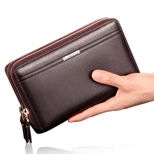Leinasen bolsa de mão masculina com zíper duplo, bolsa de mão de couro para homens de negócios, carteira longa