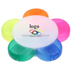 Caneta marcador de plástico multicolor 5 em 1, logotipo personalizado, forma de flor, iluminador, caneta