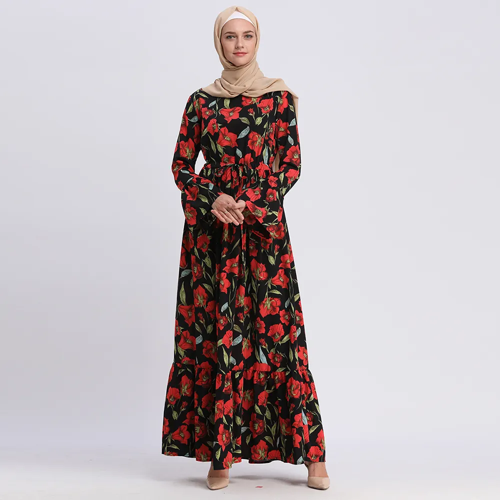 Новое поступление, одежда с длинным рукавом, с цветочным принтом, красное исламское платье, шифоновая джалабия, <span class=keywords><strong>кафтан</strong></span>, простой