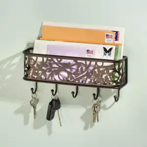 Wall Mount Entryway Storage Organizer Bronze Mail Sorter Basket key holder metal with 5 Hooks