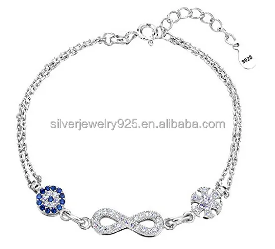 XH 925 Sterling Zilver CZ BLUE Evil Eye Figuur 8 Infinity Sneeuwvlok Bloem Link Armband Clear