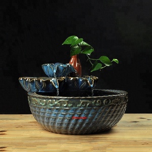 <span class=keywords><strong>Fontana</strong></span> d'Acqua in Ceramica Decorativa con Design a Fiore di Loto Smaltato <span class=keywords><strong>Blu</strong></span> per Interni - Product Image 1