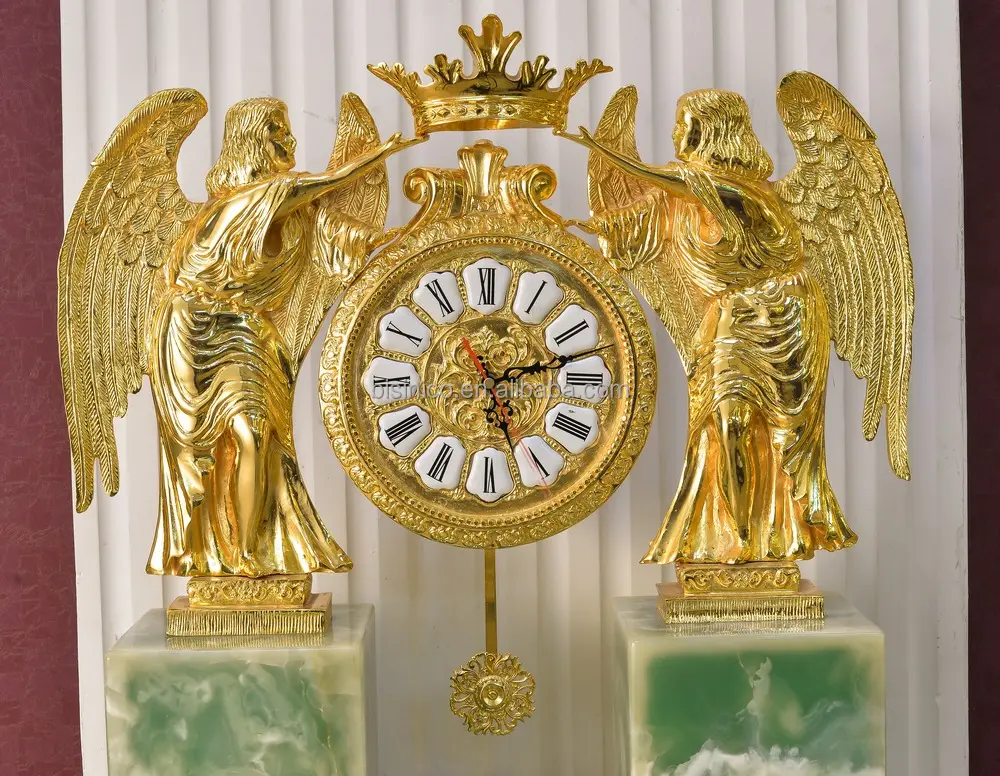 Royal Angel Handing Crown Table Clock, Luxury 24K Gold Plated Table Clock, Marble Base Table Clock