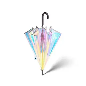 Nieuwe Mode 23 Inch 8 Ribben Plastic Pvc Holografische Regen Zonnescherm Lange Handvat Helder Transparant Rechte Paraplu