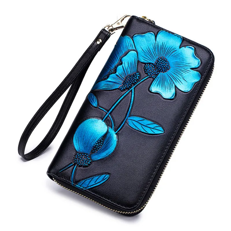 आरएफआईडी अवरुद्ध नए फूल पैटर्न हाथ चित्रित जिपर बटुआ पुरुषों महिलाओं क्लच पर्स असली लेदर सेल फोन बैग बटुआ