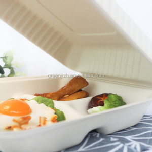 Pulp Clamshell Lunch Box 9 Inches 3 Compartments Compostable Bamboo and Bagasse Paper Bento Packaging Embossing 50000PCS Accept