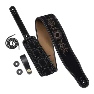 гитарный ремень дизайн черный Suppliers-Изготовленный На Заказ винтажный кожаный ремешок для бас-гитары с вышивкой