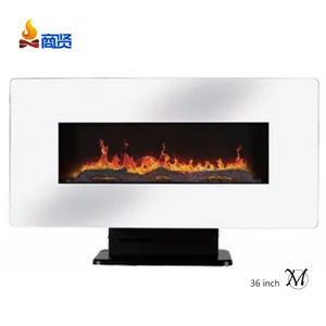 Sunshine 36 inch Flat Front White Stainless Frame w/ Log, Pebble, Crystal and Remote Wall Mounted Fireplace Electric