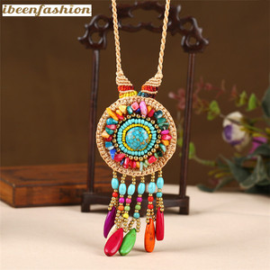 Kalung Rantai Tali Kepang Buatan Tangan, Kalung Gaya Bohemia Rumbai Pirus Perhiasan Populer - Product Image 1