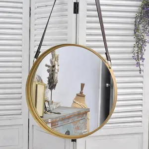 الجملة اسبيخو ديكور المنزل خمر العتيقة جلدية حزام الذهب جولة شكل معدن إطار الزجاج مرآة مرآة حائط مزخرفة