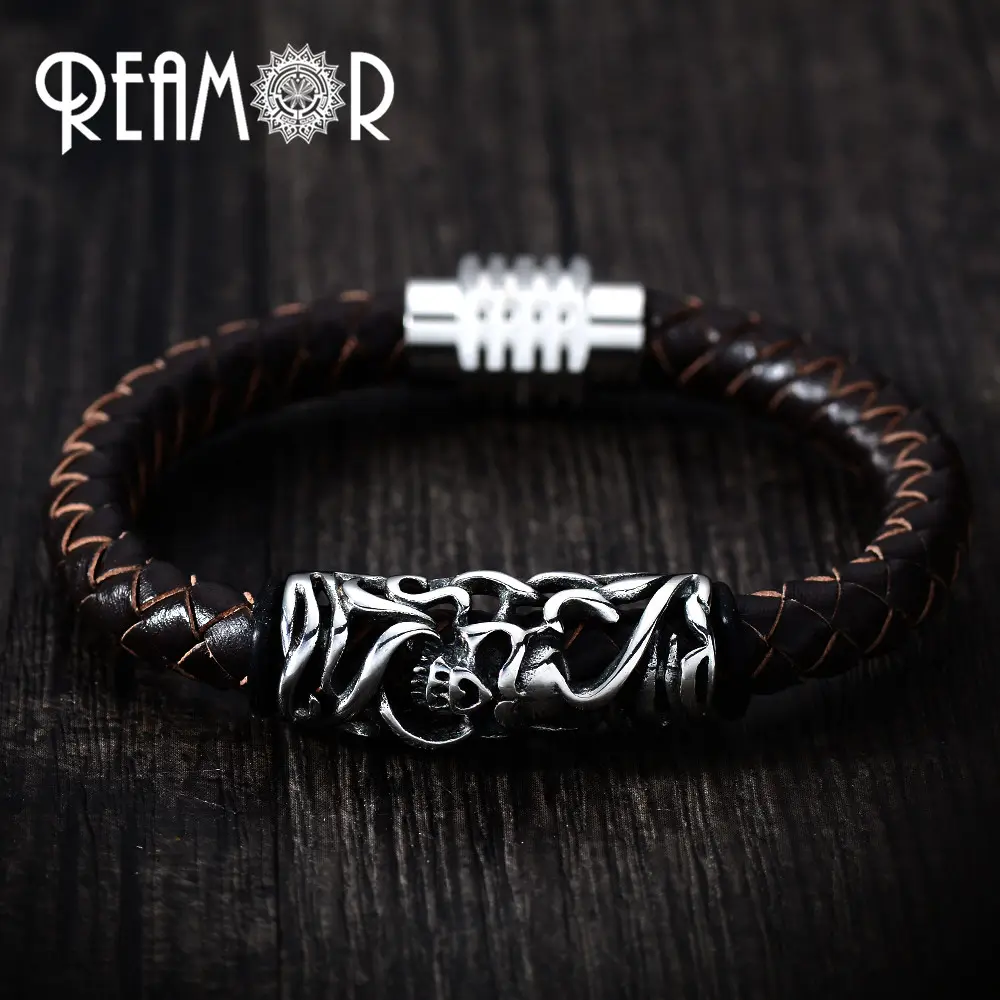 REAMOR Men Genuine Leather Bracelets 316l Stainless steel Hollow Skull Totem Bead Bracelet Bangle Jewelry With Magnetic Clasps