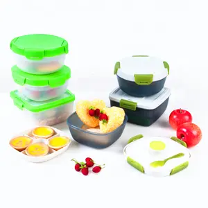 Plastik Double Layer Salad Mangkuk Kotak Makan Siang Tiffin dengan Ice Pack dan Garpu dan Saus Kotak