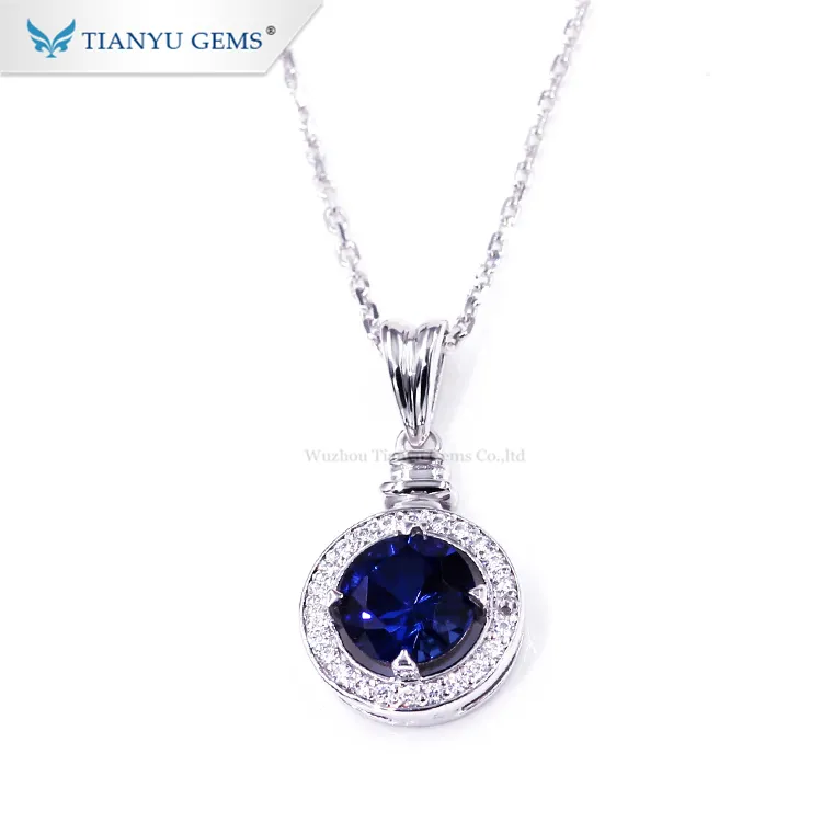 Tianyu 14k/18k solid white Gold pendant 6.5mm round sapphire engagement necklace for lady