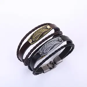 Heißer verkauf leder armband Retro engel flügel geflochtene armbänder Paare legierung schnalle leder armbänder