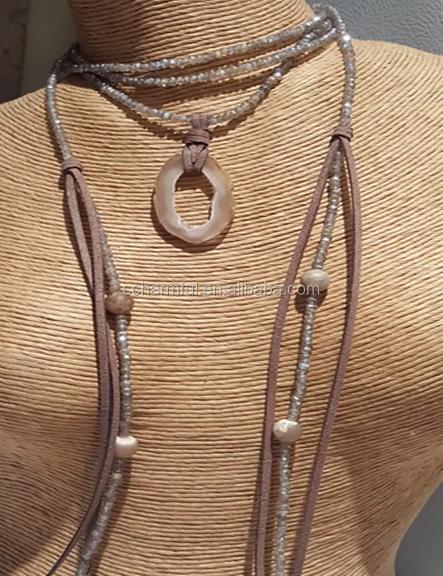 Colar de pingente geodo ágata orgânica n0044, colar longo com contas de labradorite, lariat, couro