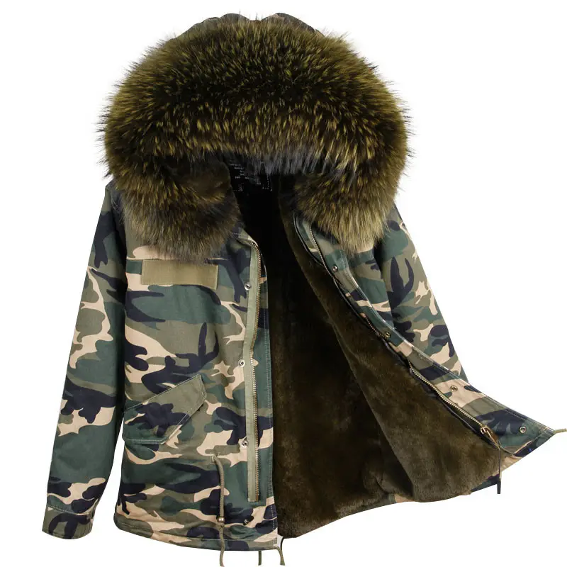 Jaket Tentara Besar Wanita, Jaket Bulu Palsu Berjajar Bulu Rakun Besar Kerah Bulu untuk Musim Dingin 2 Dalam 1 Lapisan Camo Dapat Dilepas