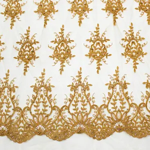 Tekstil Bordir Afrika Manik-manik 3d Bunga Emas Peregangan Gaun Pernikahan Jala Kain Renda Prancis Besar dengan Berlian Imitasi