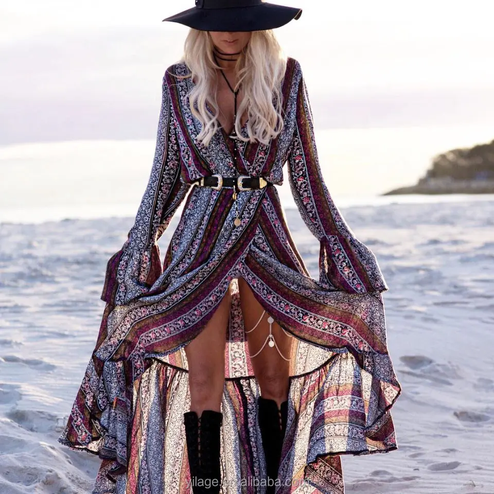 Hot Selling On Line Long Sleeve Hippie Boho Maxi Beach Dresses