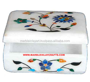 Caja Decorativa de Mármol Blanco con Incrustaciones de Alabastro, Hecha a Mano, Duradera, para Regalo - Product Image 1