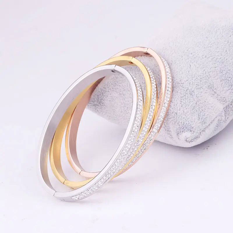 Wholesale Version New Ladies Double Rows Diamonds Pave Snap Stainless Steel Bangle Buckle Bracelets