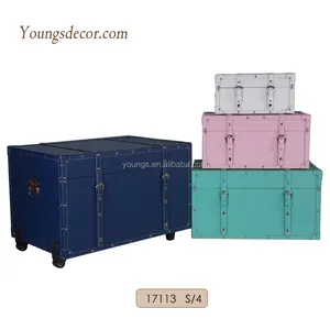 Leather Trunk Storage Chest Box Set with Wheels and Decorative Leather Belts Large Wooden Rectangle Wood Handmade Multifunction