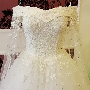 100% real actual appliqued flowers pearls plus big size white ivory long tail puffy wedding gowns MWA261