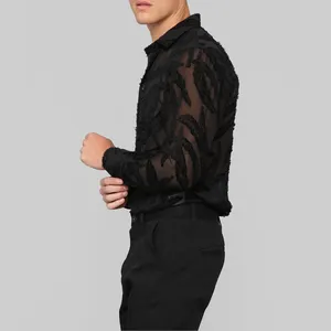 Yeni moda örgü Slim Fit erkek dantel gömlek uzun kollu erkek elbise gömlek Casual tasarımcı kıyafetleri siyah beyaz
