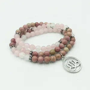 SN1505 6mm white jade Rose Quartz & Rhodonite Beaded Mala Wrist Wrap Around Yoga Bracelet Gift For Women Lotus Bracelet