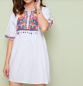 Smock Dress Sweet Round Sleeve Cute Women Tribal Embroidered Casual Dresses Summer White or More Color Loose Mini Bohemian Woven