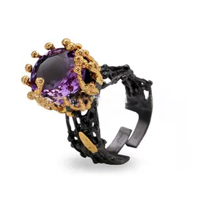 Sun Design Big Amethyst 925 Sterling Silver Ring With Black Plated For Men