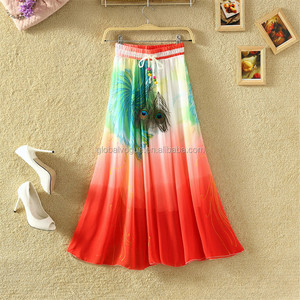 Hot New Plus Size Peacock Feather <strong>Silk</strong> Elastic Waist Big Bottom Printed Bohemia <strong>Skirt</strong> Women Full <strong>Long</strong> Chiffon <strong>Skirt</strong> - Product Image 4