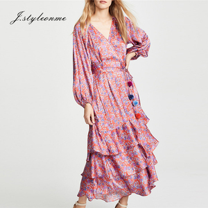 Vestido <span class=keywords><strong>Boho</strong></span> de Seda con Estampado Floral, Cuello en V, Manga Farol, Cinturón, Elegante y Sexy para Mujer, YLDR062D - Product Image 2