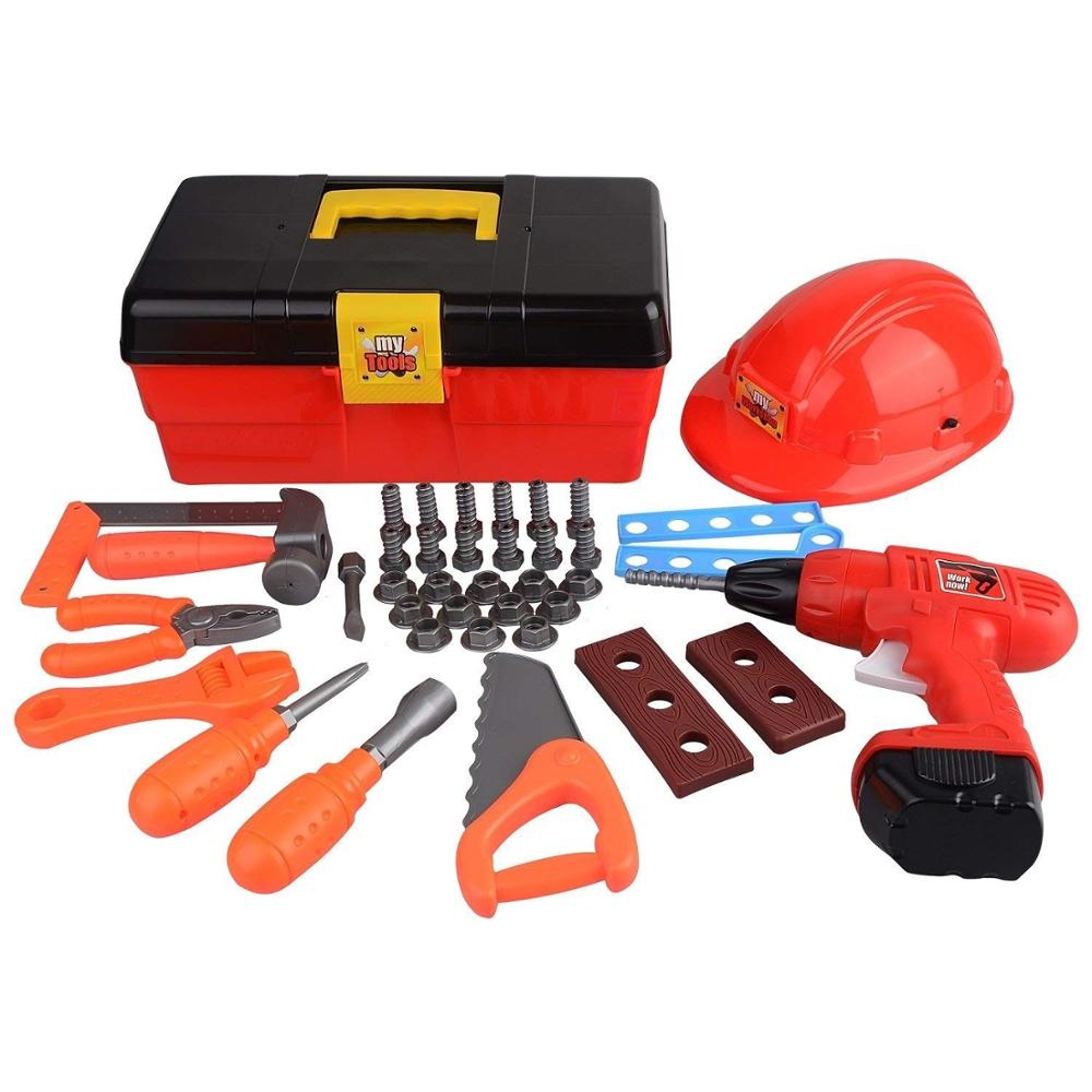 Мой первый ящик для инструментов, набор для строительной мастерской, Подростковый мастерский игрушечный ящик для ролевых игр с твердой шляпой, реалистичной дрелью и аксессуарами