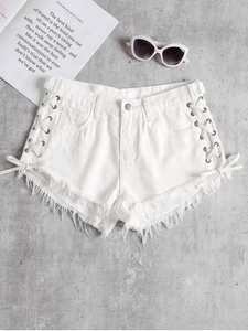 KY Summer Lady <strong>White</strong> Low Waist Zipper Fly Lace up Cutoffs Ripped <strong>Jeans</strong> <strong>Shorts</strong> - Product Image 3