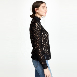 Autunno donna taglie forti camicie Casual a maniche lunghe top in pizzo nero con modello solido comode camicette da donna - Product Image 4