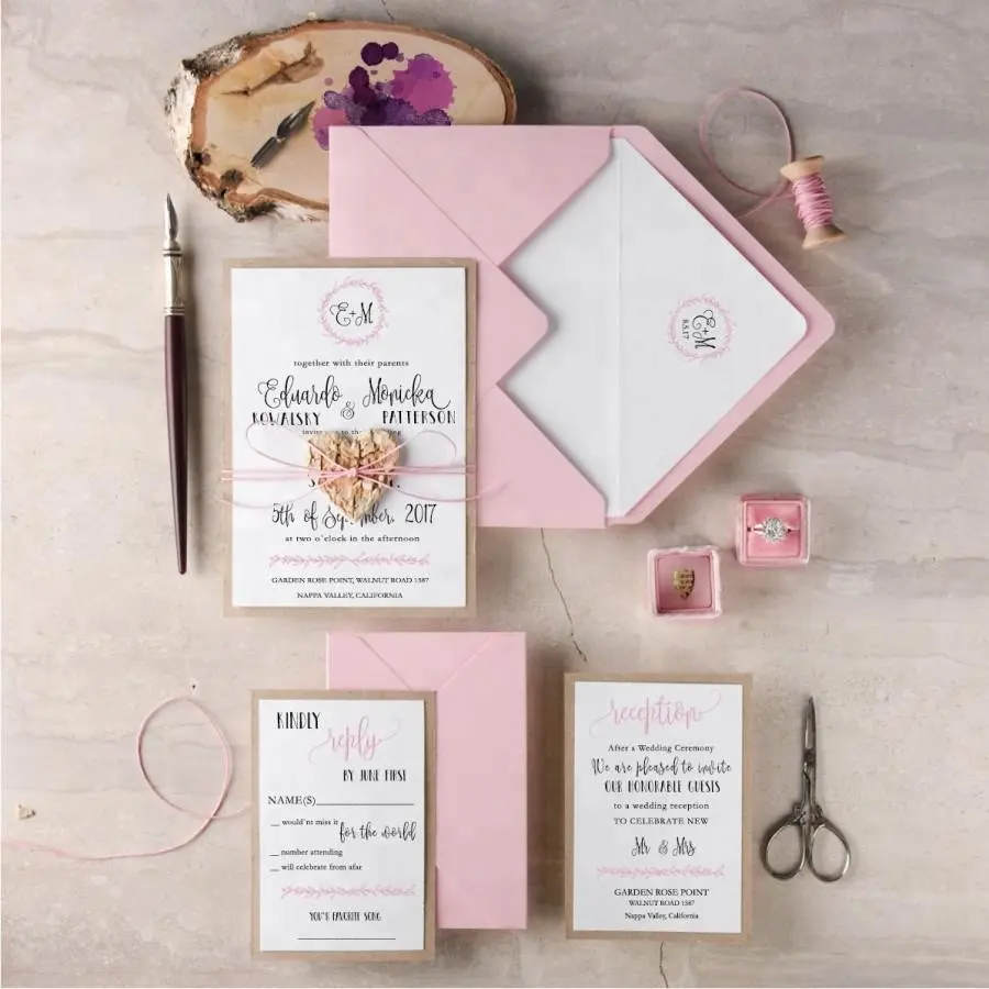 Diseño tradicional rústico Formal Blush Pink Wedding Invitation Suite con sobre forrado tarjetas de agradecimiento