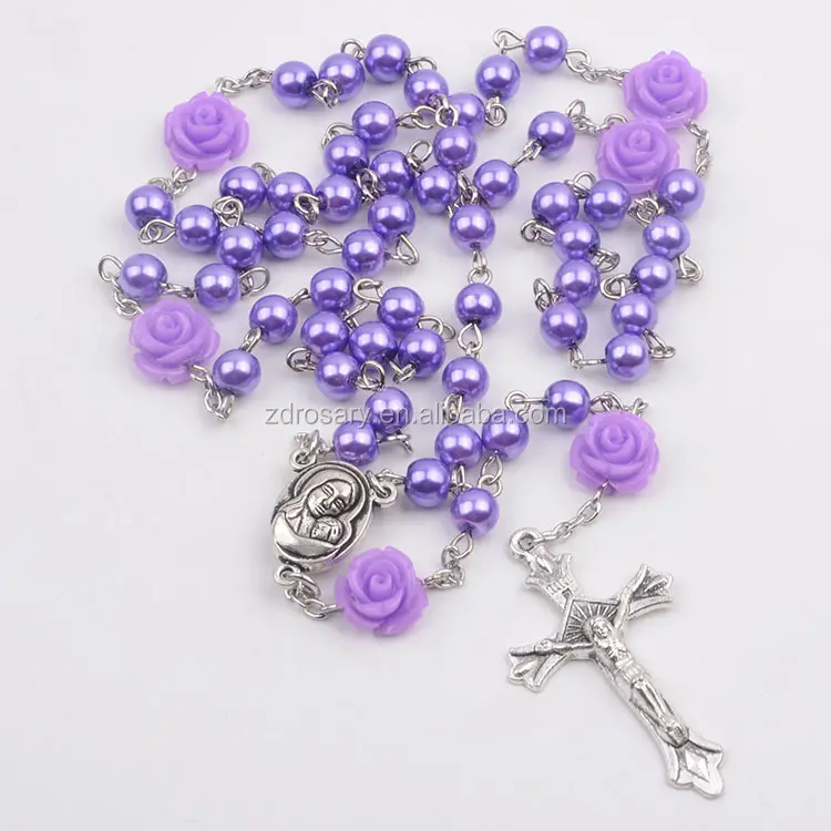 Collier européen avec fleurs, médaillon du sol saint-valentin et Crucifix violet en verre, perle catatique, vente en gros