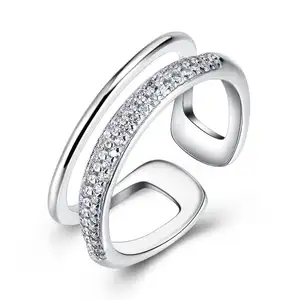 Dua Bentuk Garis Desain 925 Sterling Silver Pave CZ Diamond Terbuka Cincin