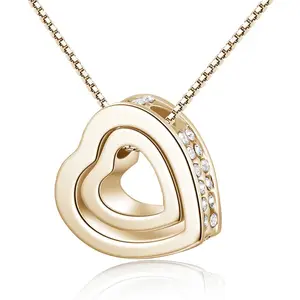 Gold Plated Chinese Crystal double Heart Necklaces Pendants Fashion Jewelry Women