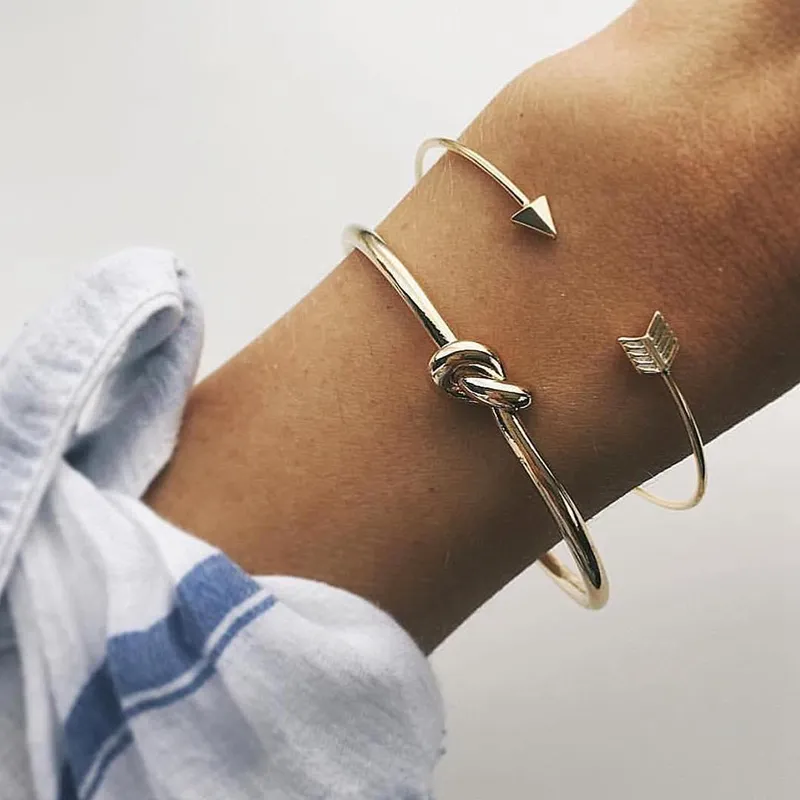 knot bracelets gold alloy Metal arrow shape bracelet knotted girl bangle bangles jewelry Bijoux accessory 2pcs / set B0803