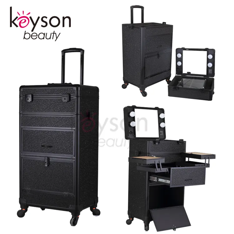 Keyson Factory wholesale Lighted Salon Station Makeup train Case Aluminium Trolley case Rolling cosmetic Case for makeup artists