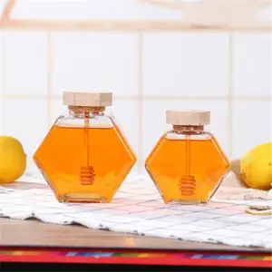 중국 도매 수입 목재 뚜껑 500 ml 육각 꿀 유리 용기 항아리
